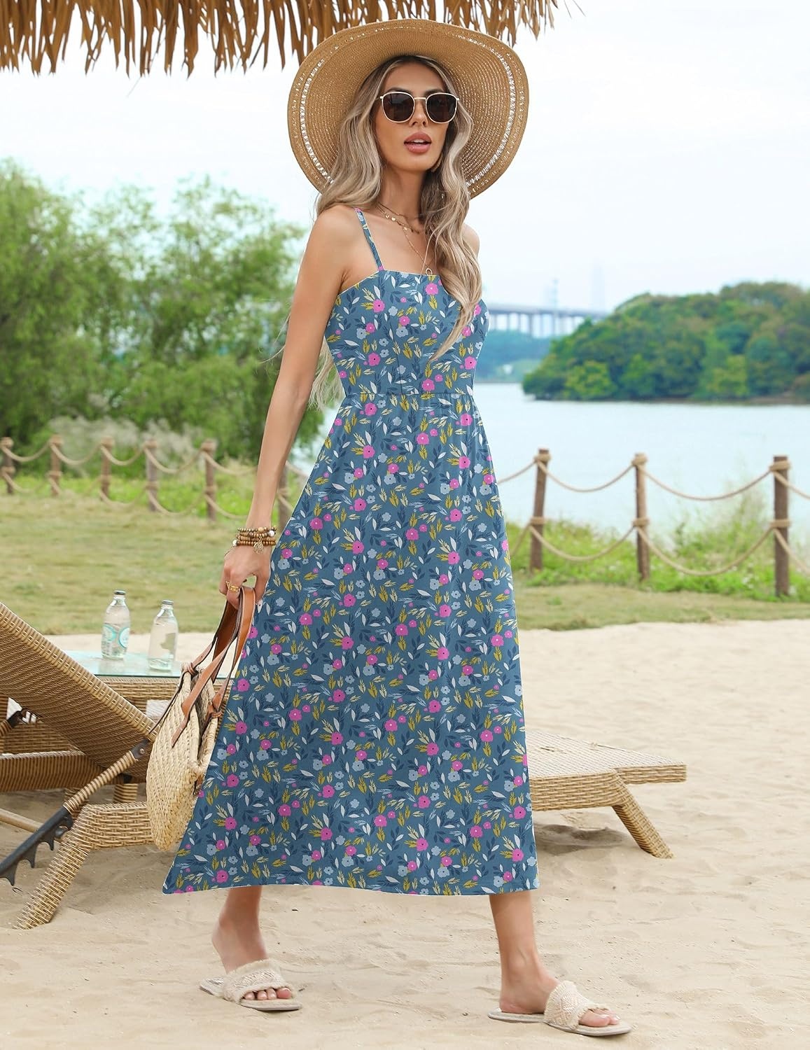 image:imageZeagoo Womens Summer Casual Boho Sundress Spaghetti Strap Square Neck Flowy Midi Dresses A Line Beach Dress with PocketsXh444