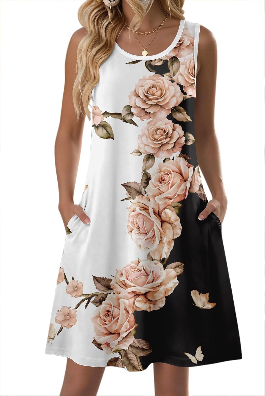 image:imageZeagoo Womens Summer Dress 2026 Sleeveless Casual ALine Tshirt SundressesBlack White Pink Floral