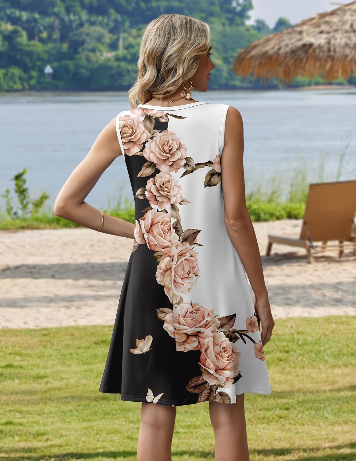 image:imageZeagoo Womens Summer Dress 2026 Sleeveless Casual ALine Tshirt SundressesBlack White Pink Floral