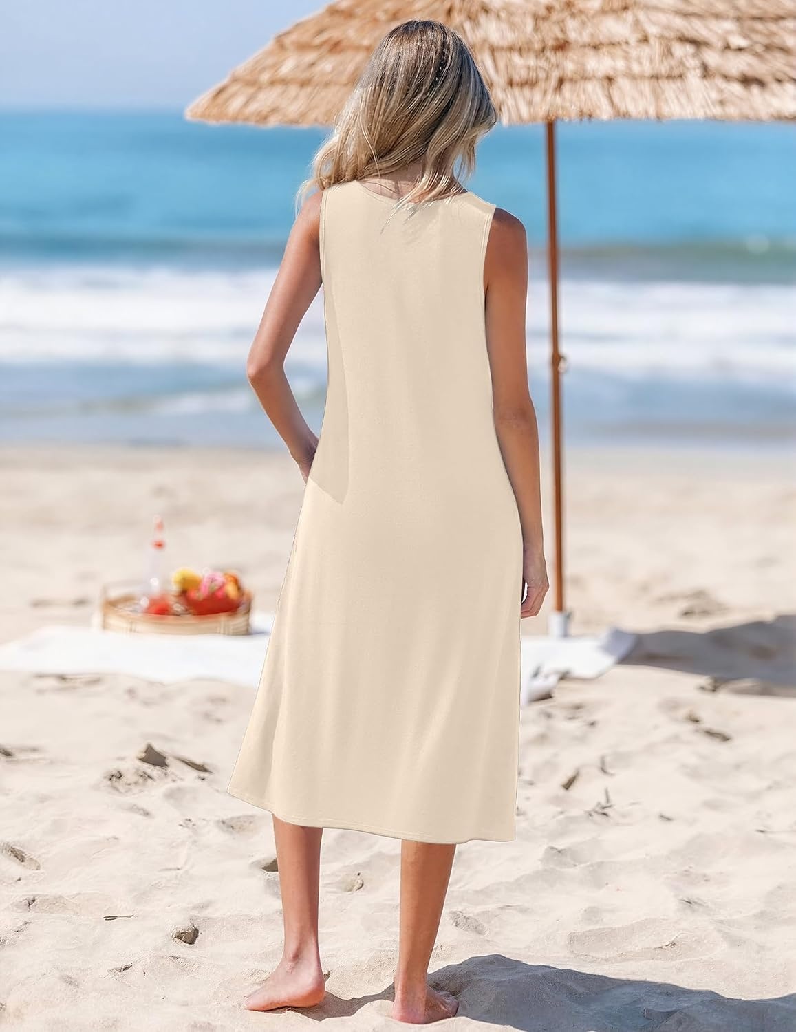 image:imageZeagoo Womens Summer Midi Dresses 2026 Casual Sleeveless Tank Sundresses A Line Crewneck Beach Vacation Dress with PocketsBeigewa
