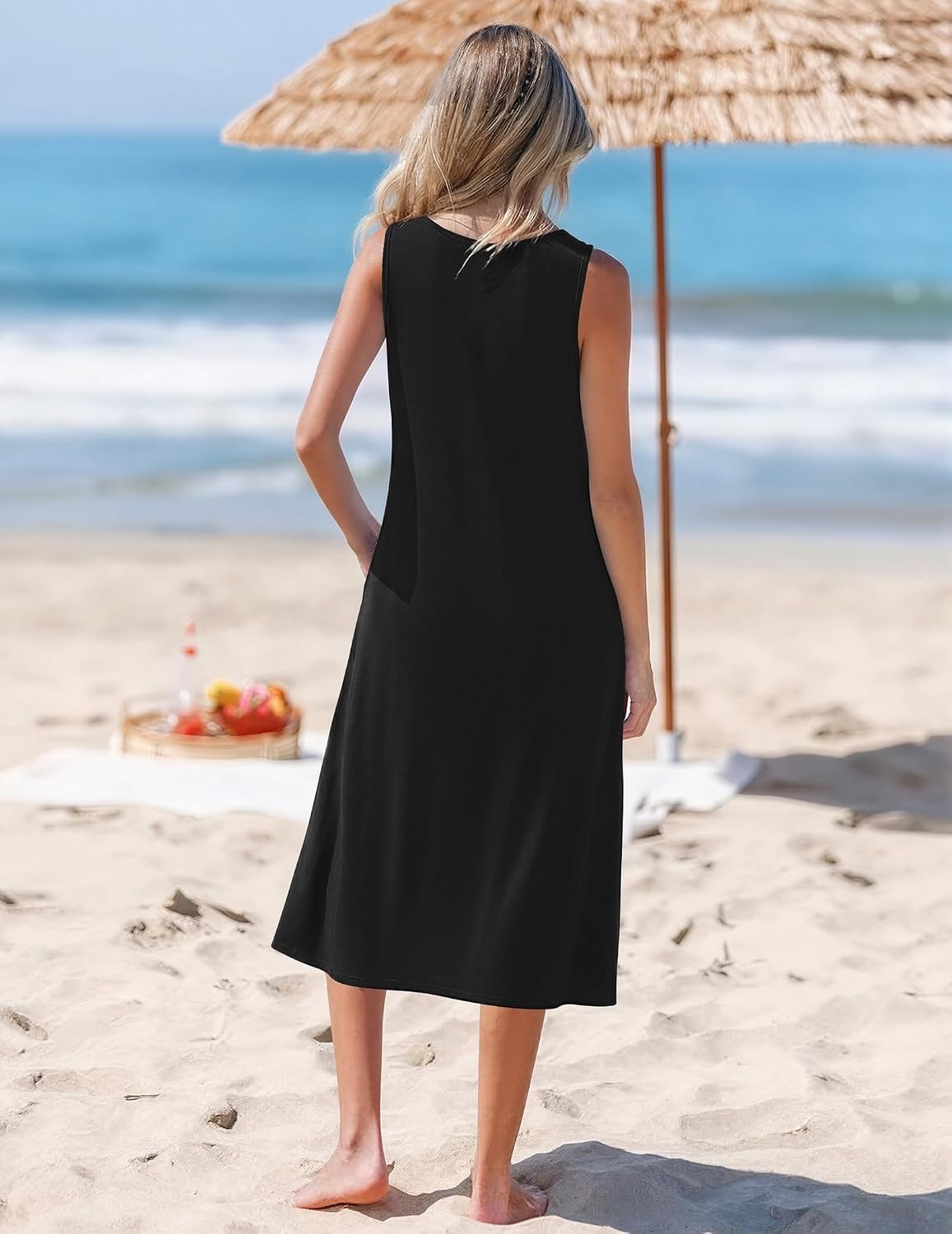 image:imageZeagoo Womens Summer Midi Dresses 2026 Casual Sleeveless Tank Sundresses A Line Crewneck Beach Vacation Dress with PocketsBlack