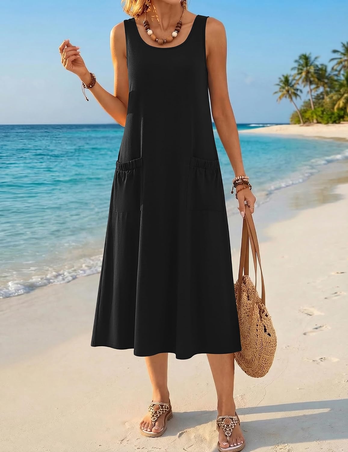 image:imageZeagoo Womens Summer Midi Dresses 2026 Casual Sleeveless Tank Sundresses A Line Crewneck Beach Vacation Dress with PocketsBlack
