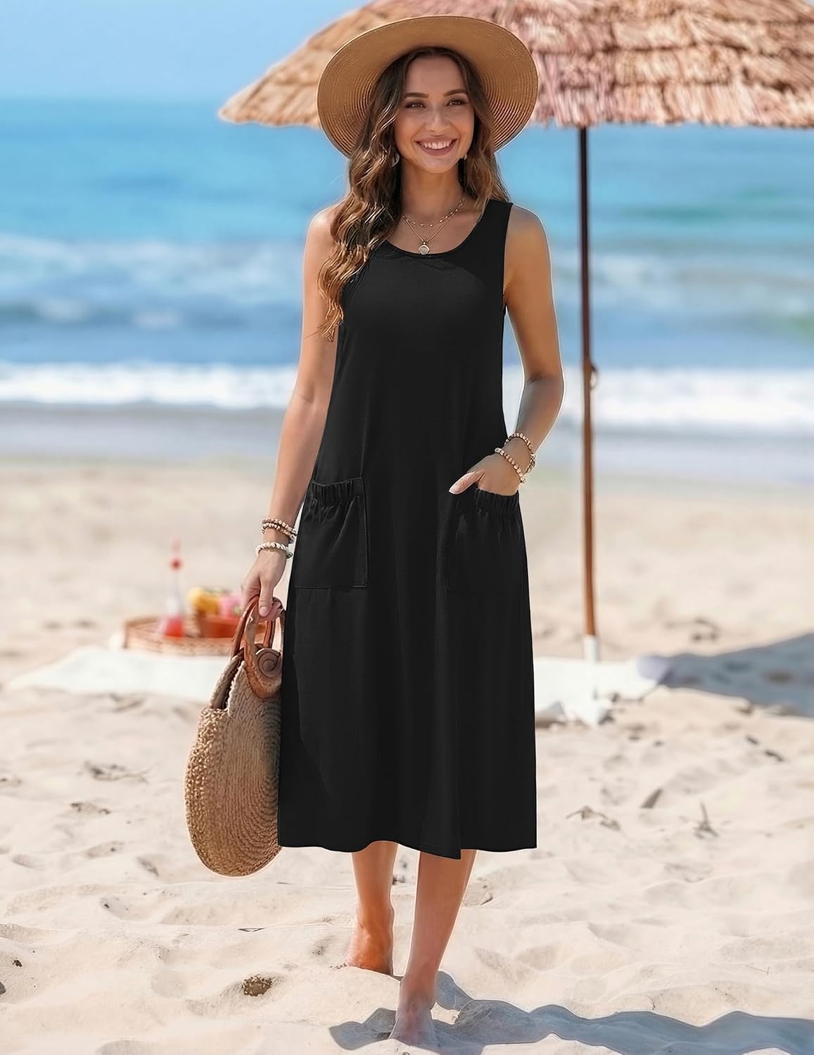 image:imageZeagoo Womens Summer Midi Dresses 2026 Casual Sleeveless Tank Sundresses A Line Crewneck Beach Vacation Dress with PocketsBlack