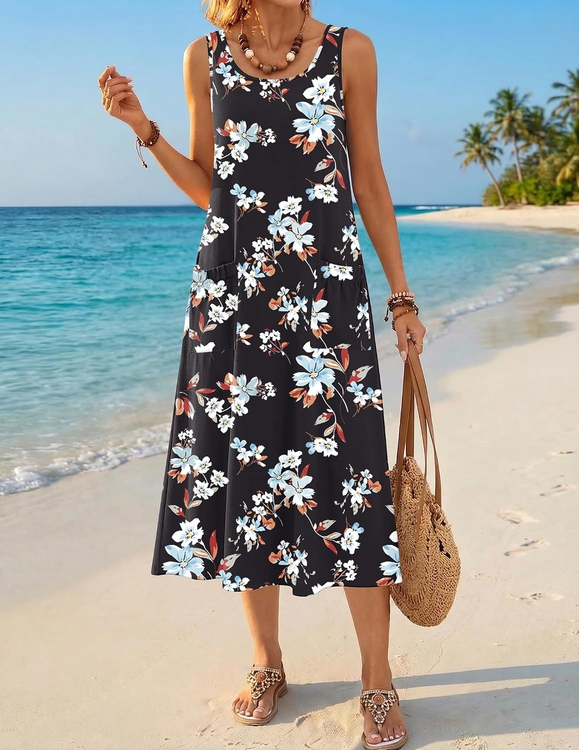 image:imageZeagoo Womens Summer Midi Dresses 2026 Casual Sleeveless Tank Sundresses A Line Crewneck Beach Vacation Dress with PocketsBlack Floralpa104