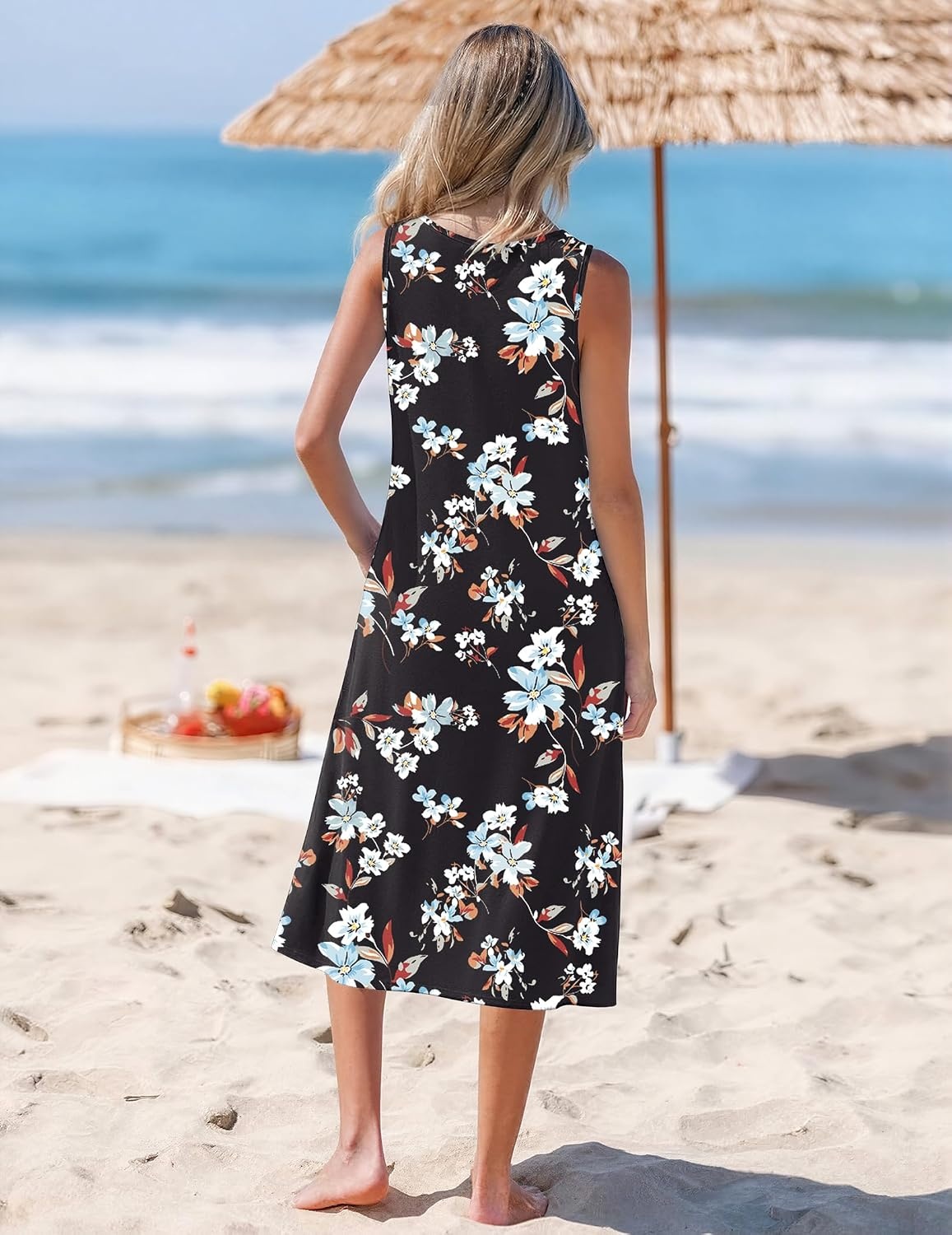 image:imageZeagoo Womens Summer Midi Dresses 2026 Casual Sleeveless Tank Sundresses A Line Crewneck Beach Vacation Dress with PocketsBlack Floralpa104