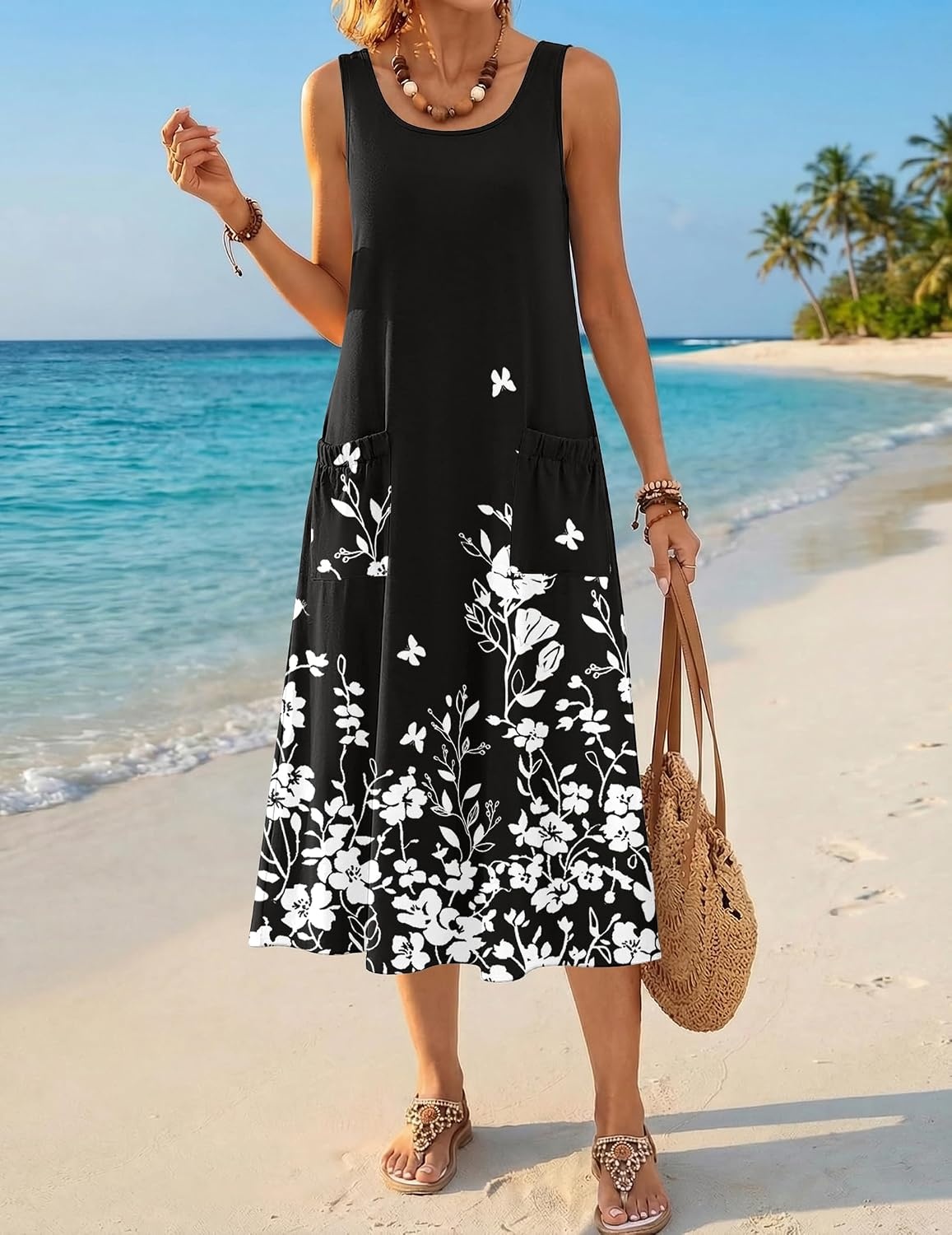 image:imageZeagoo Womens Summer Midi Dresses 2026 Casual Sleeveless Tank Sundresses A Line Crewneck Beach Vacation Dress with PocketsBlack White Floralsf100