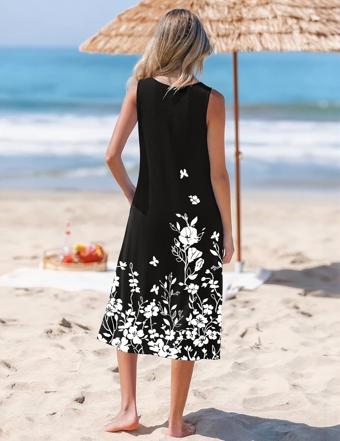 image:imageZeagoo Womens Summer Midi Dresses 2026 Casual Sleeveless Tank Sundresses A Line Crewneck Beach Vacation Dress with PocketsBlack White Floralsf100