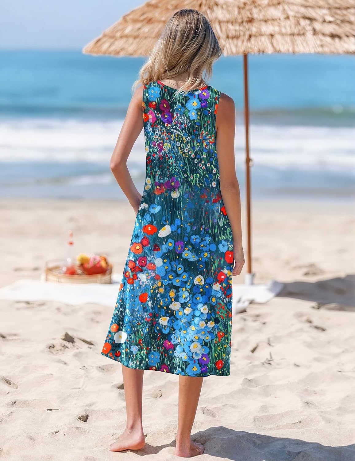 image:imageZeagoo Womens Summer Midi Dresses 2026 Casual Sleeveless Tank Sundresses A Line Crewneck Beach Vacation Dress with PocketsBlue Floral 02wf23