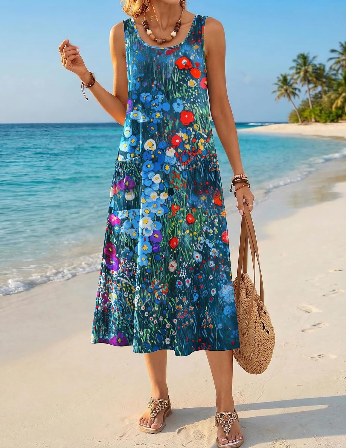image:imageZeagoo Womens Summer Midi Dresses 2026 Casual Sleeveless Tank Sundresses A Line Crewneck Beach Vacation Dress with PocketsBlue Floral 02wf23