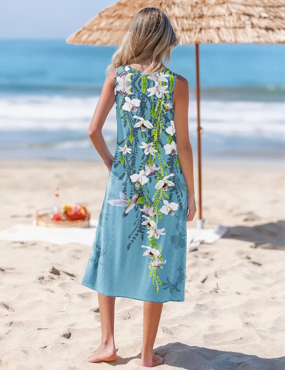 image:imageZeagoo Womens Summer Midi Dresses 2026 Casual Sleeveless Tank Sundresses A Line Crewneck Beach Vacation Dress with PocketsBlue Floralzw89