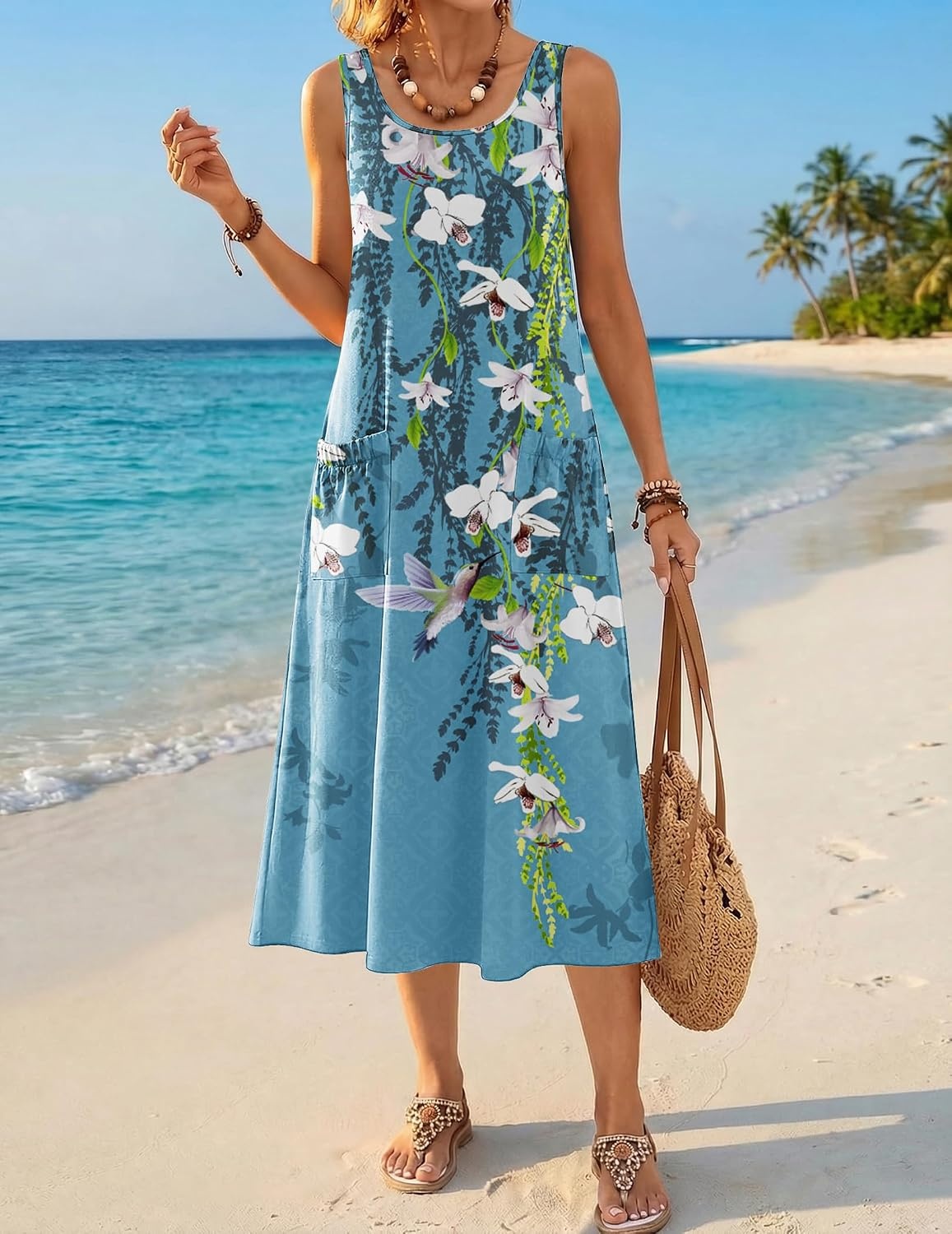 image:imageZeagoo Womens Summer Midi Dresses 2026 Casual Sleeveless Tank Sundresses A Line Crewneck Beach Vacation Dress with PocketsBlue Floralzw89