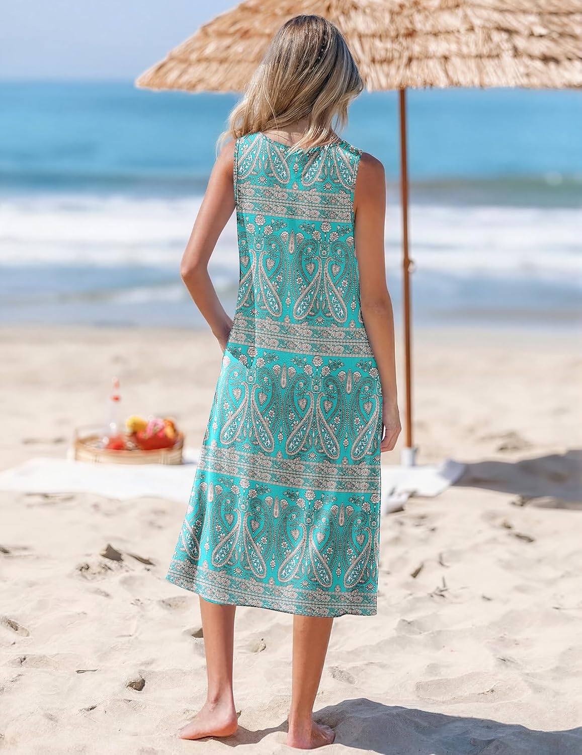 image:imageZeagoo Womens Summer Midi Dresses 2026 Casual Sleeveless Tank Sundresses A Line Crewneck Beach Vacation Dress with PocketsBlue Patternpa169