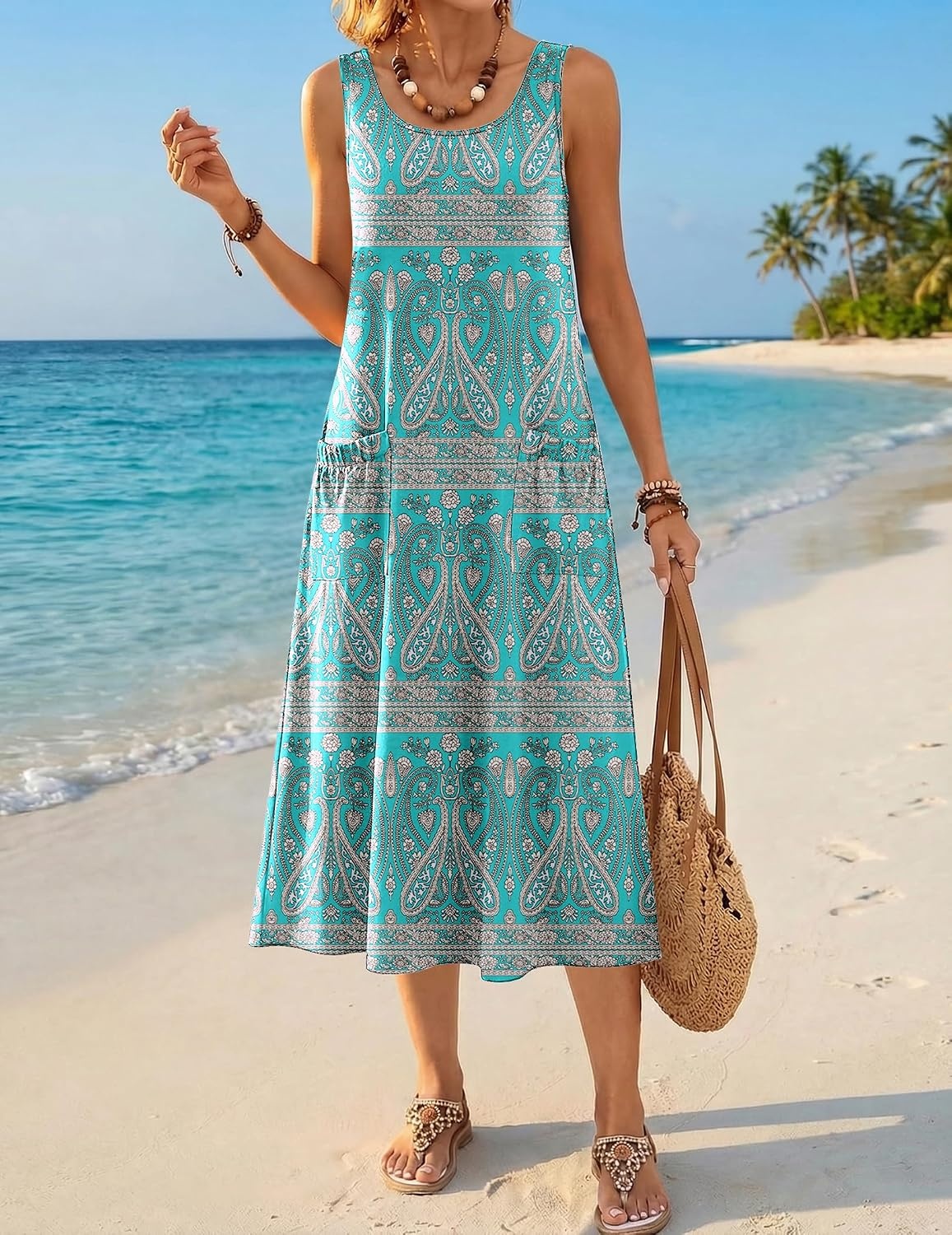 image:imageZeagoo Womens Summer Midi Dresses 2026 Casual Sleeveless Tank Sundresses A Line Crewneck Beach Vacation Dress with PocketsBlue Patternpa169