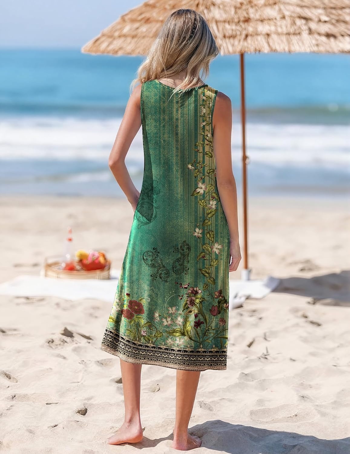 image:imageZeagoo Womens Summer Midi Dresses 2026 Casual Sleeveless Tank Sundresses A Line Crewneck Beach Vacation Dress with PocketsGreen Floralpa171