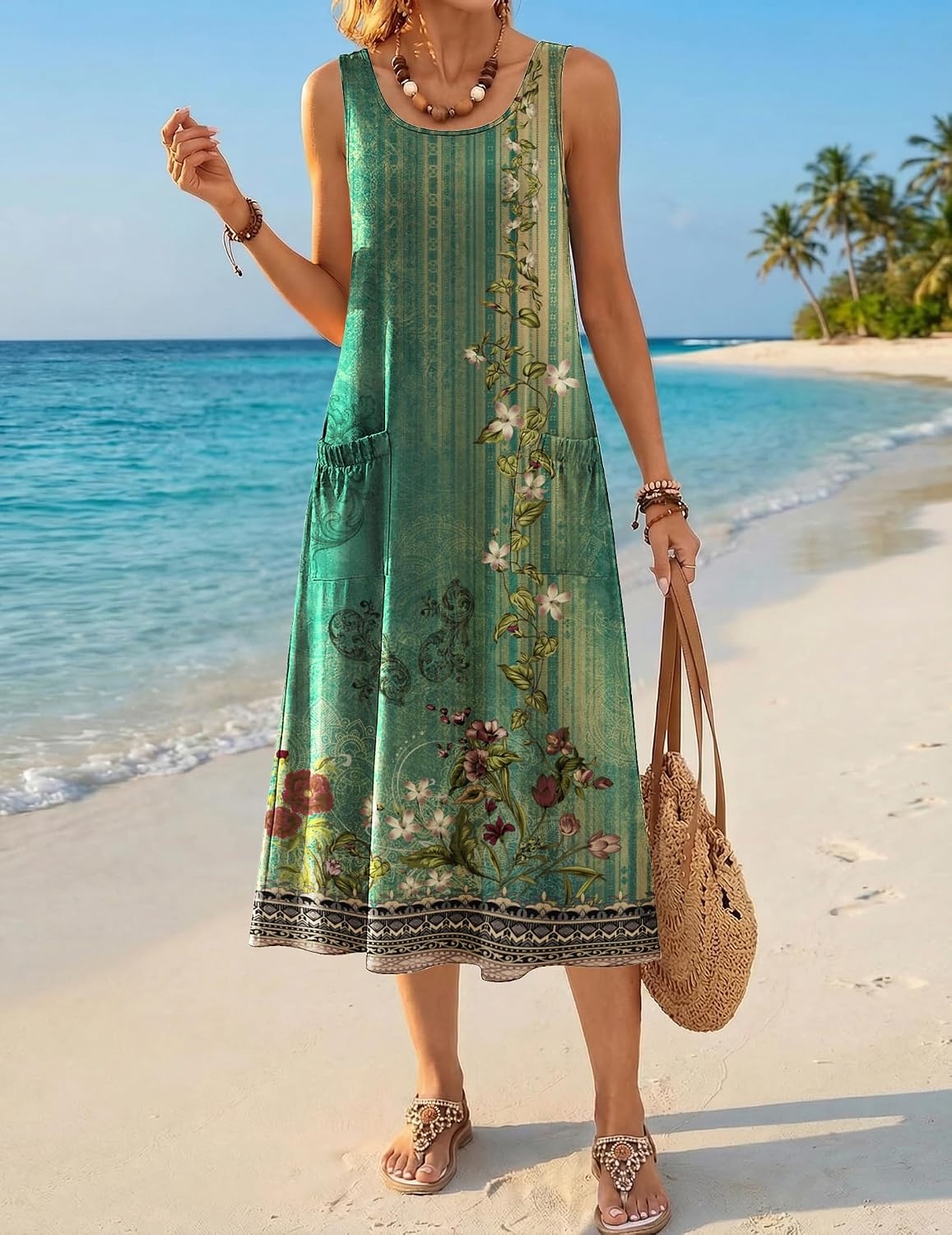 image:imageZeagoo Womens Summer Midi Dresses 2026 Casual Sleeveless Tank Sundresses A Line Crewneck Beach Vacation Dress with PocketsGreen Floralpa171