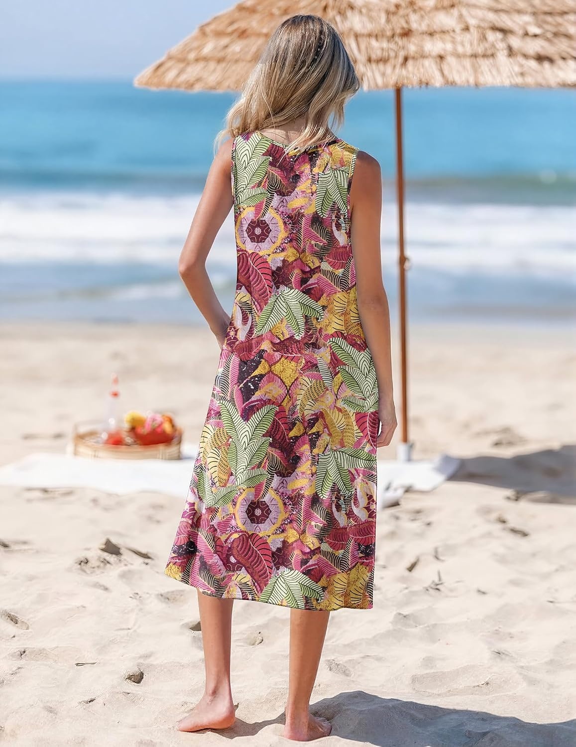 image:imageZeagoo Womens Summer Midi Dresses 2026 Casual Sleeveless Tank Sundresses A Line Crewneck Beach Vacation Dress with PocketsGreen Leafzw392