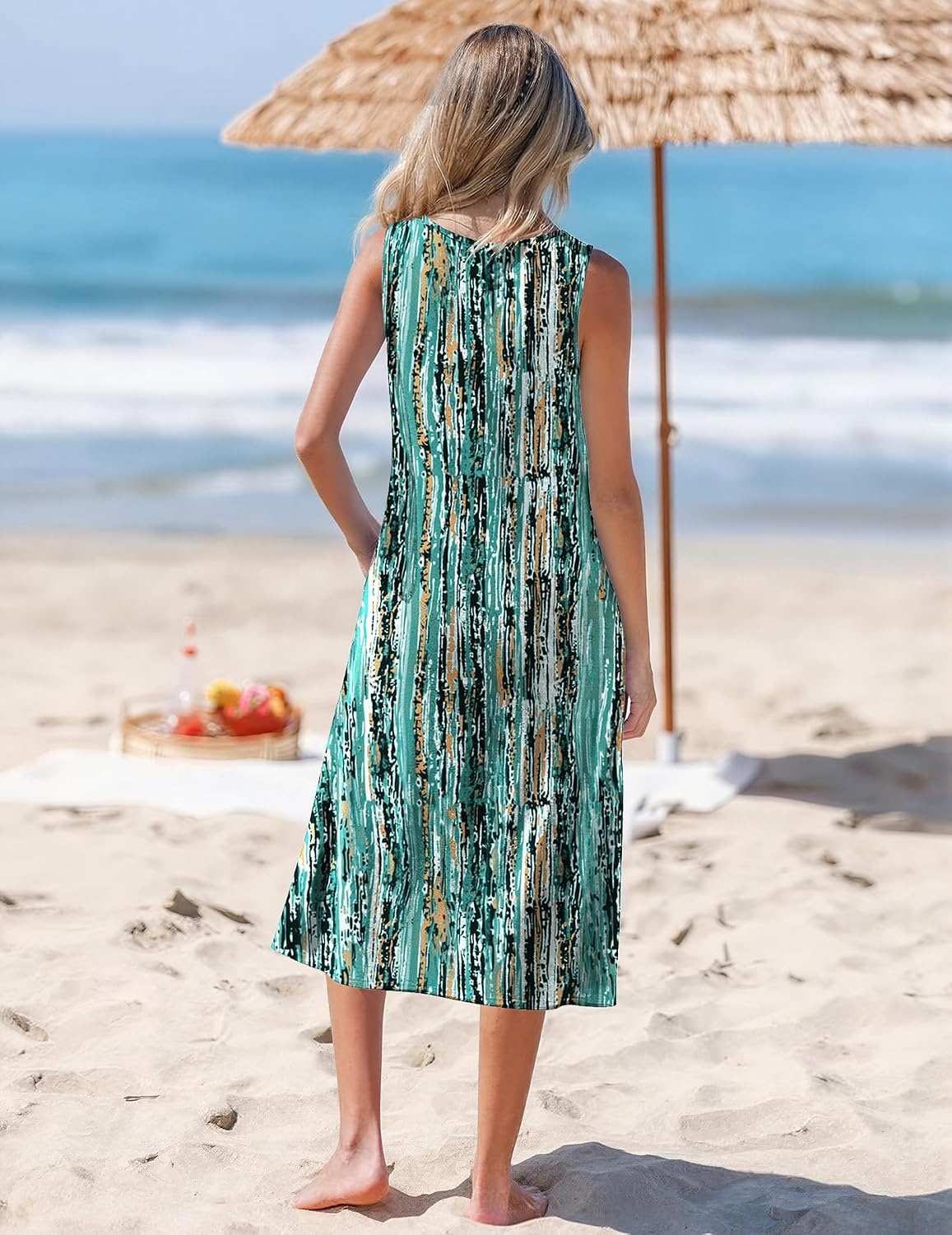 image:imageZeagoo Womens Summer Midi Dresses 2026 Casual Sleeveless Tank Sundresses A Line Crewneck Beach Vacation Dress with PocketsGreencx259