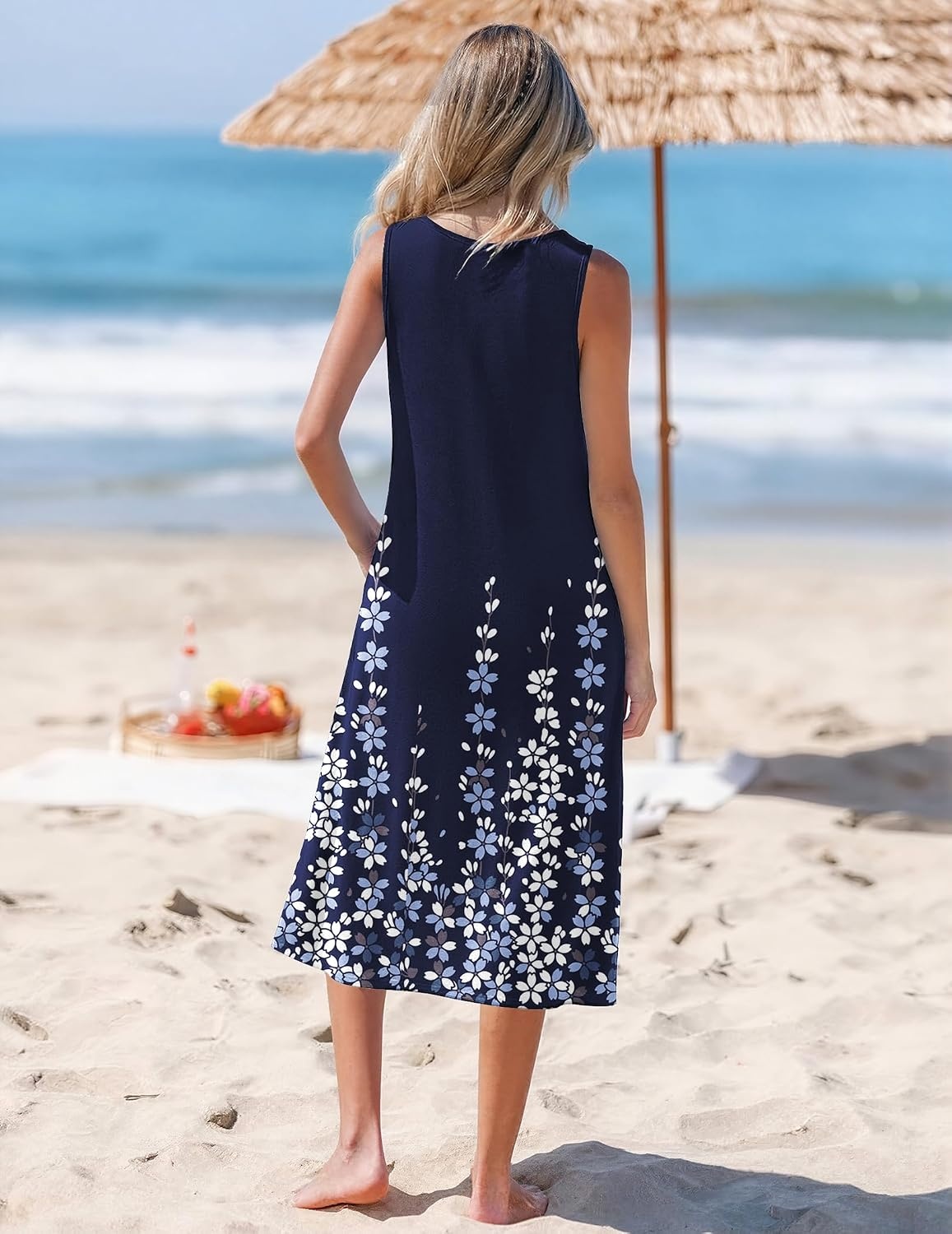 image:imageZeagoo Womens Summer Midi Dresses 2026 Casual Sleeveless Tank Sundresses A Line Crewneck Beach Vacation Dress with PocketsNavy Blue Floralsf119