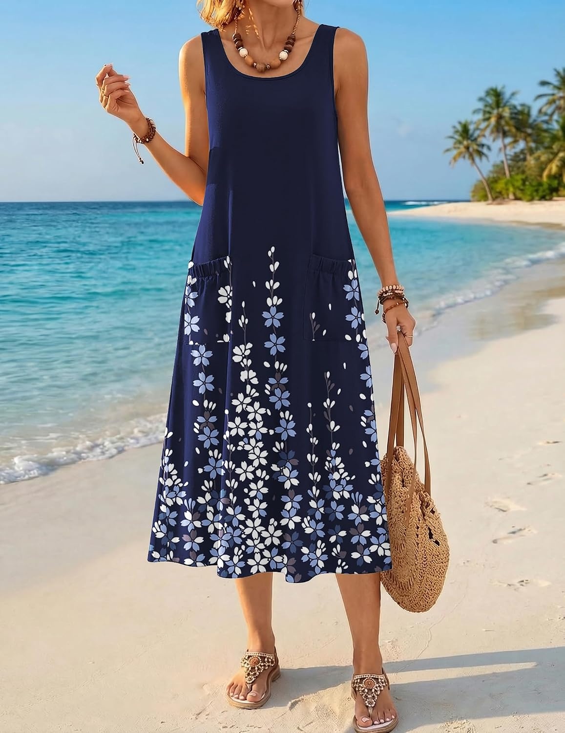 image:imageZeagoo Womens Summer Midi Dresses 2026 Casual Sleeveless Tank Sundresses A Line Crewneck Beach Vacation Dress with PocketsNavy Blue Floralsf119