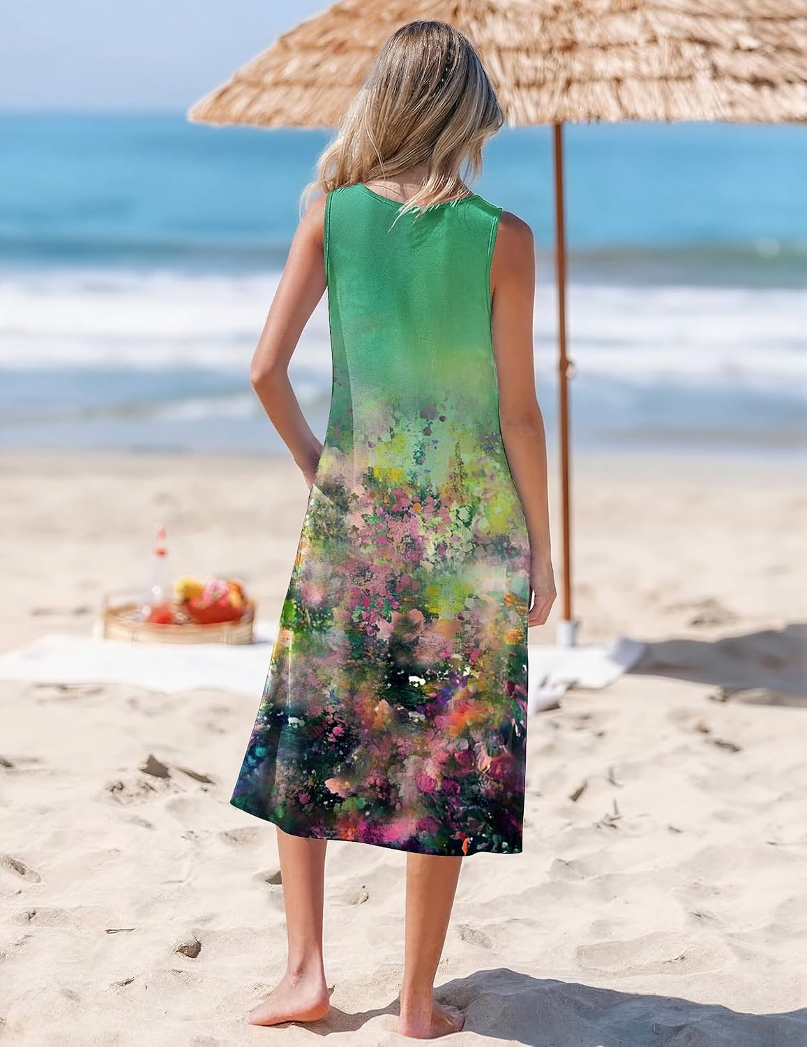 image:imageZeagoo Womens Summer Midi Dresses 2026 Casual Sleeveless Tank Sundresses A Line Crewneck Beach Vacation Dress with PocketsOil Paintingcx322