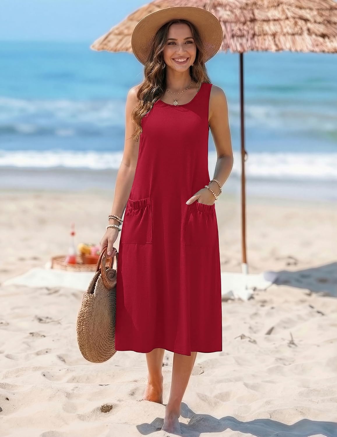 image:imageZeagoo Womens Summer Midi Dresses 2026 Casual Sleeveless Tank Sundresses A Line Crewneck Beach Vacation Dress with PocketsRedtr