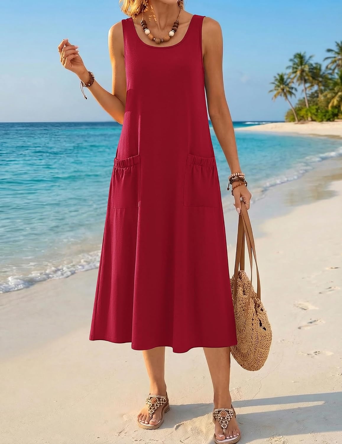 image:imageZeagoo Womens Summer Midi Dresses 2026 Casual Sleeveless Tank Sundresses A Line Crewneck Beach Vacation Dress with PocketsRedtr