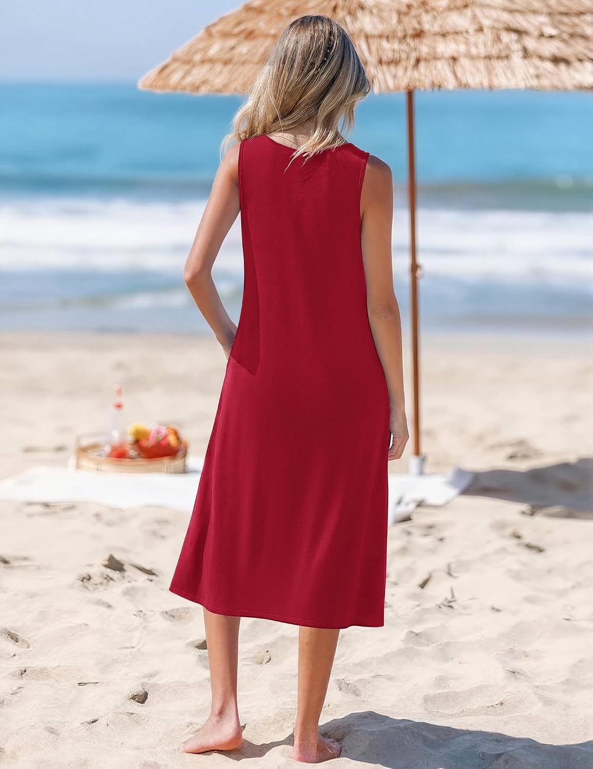 image:imageZeagoo Womens Summer Midi Dresses 2026 Casual Sleeveless Tank Sundresses A Line Crewneck Beach Vacation Dress with PocketsRedtr