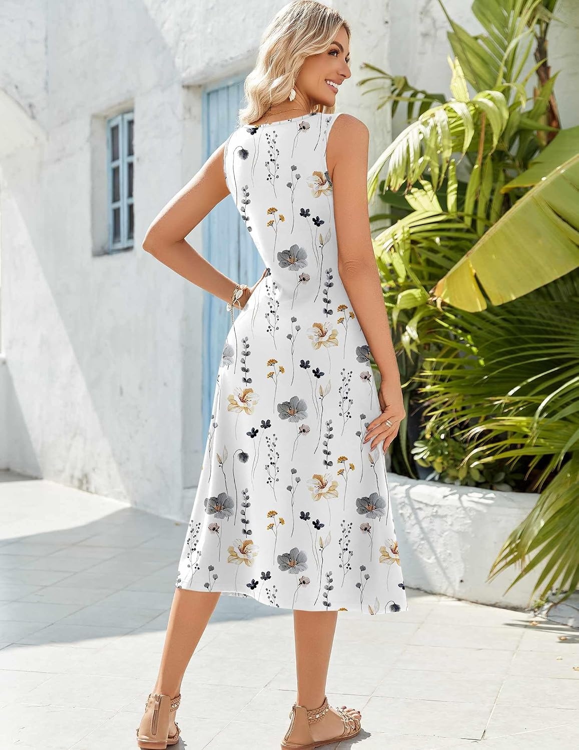 image:imageZeagoo Womens Summer Midi Dresses 2026 Casual Sleeveless Tank Sundresses A Line Crewneck Beach Vacation Dress with PocketsWhite Floraldh6