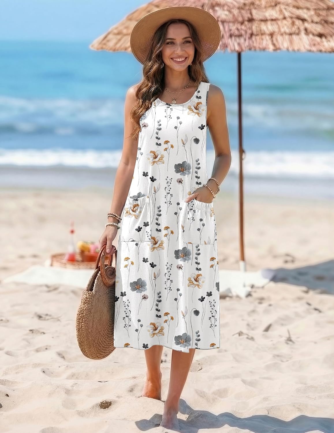 image:imageZeagoo Womens Summer Midi Dresses 2026 Casual Sleeveless Tank Sundresses A Line Crewneck Beach Vacation Dress with PocketsWhite Floraldh6