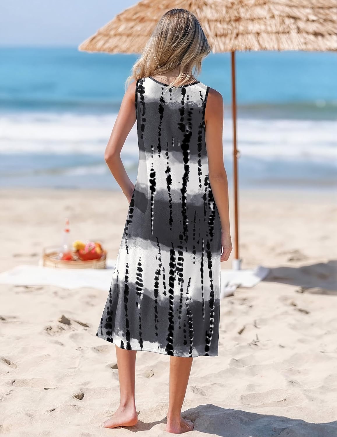 image:imageZeagoo Womens Summer Midi Dresses 2026 Casual Sleeveless Tank Sundresses A Line Crewneck Beach Vacation Dress with PocketsWhiteblack Patternzr231