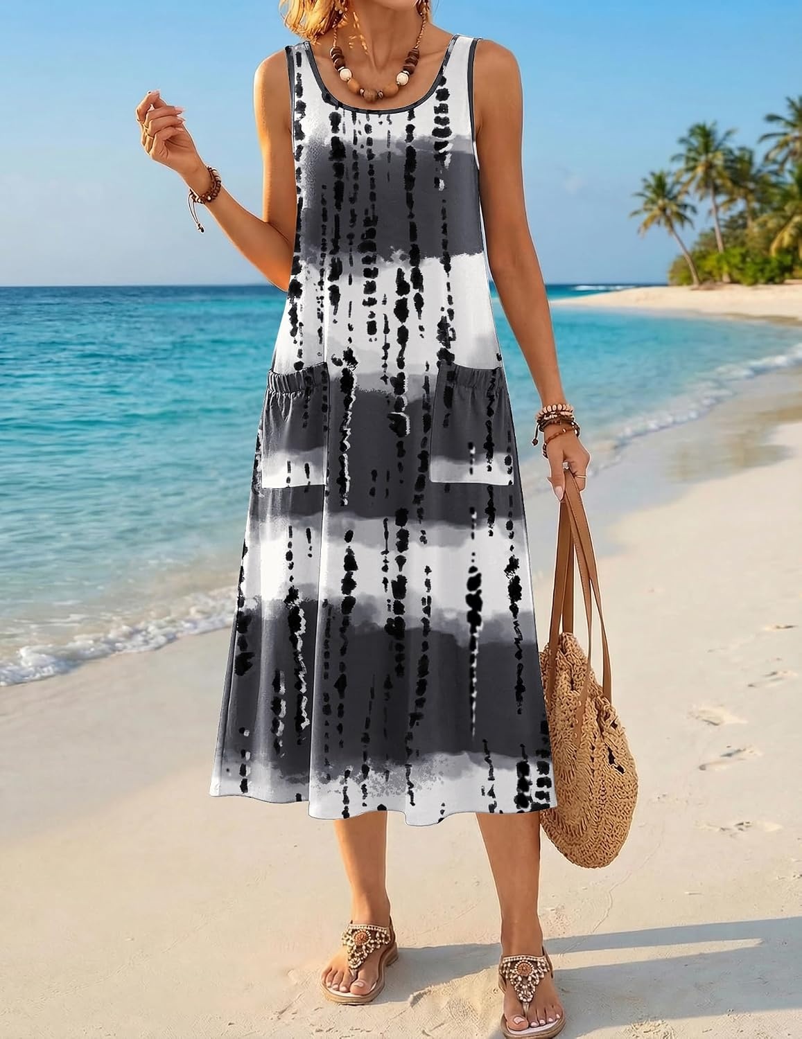 image:imageZeagoo Womens Summer Midi Dresses 2026 Casual Sleeveless Tank Sundresses A Line Crewneck Beach Vacation Dress with PocketsWhiteblack Patternzr231