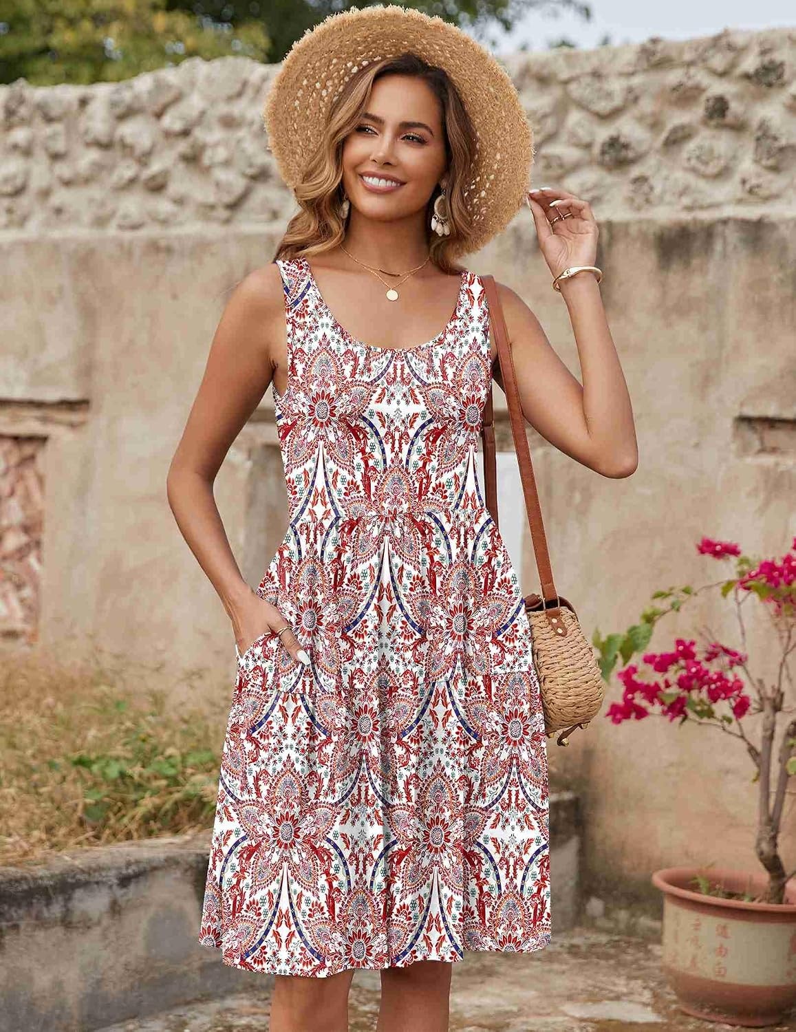 image:imageZeagoo Womens Summer Sundress Boho Floral Casual Tank Dresses with Pockets Sleeveless Tiered Swing A Line Beach DressWhite Red Floral