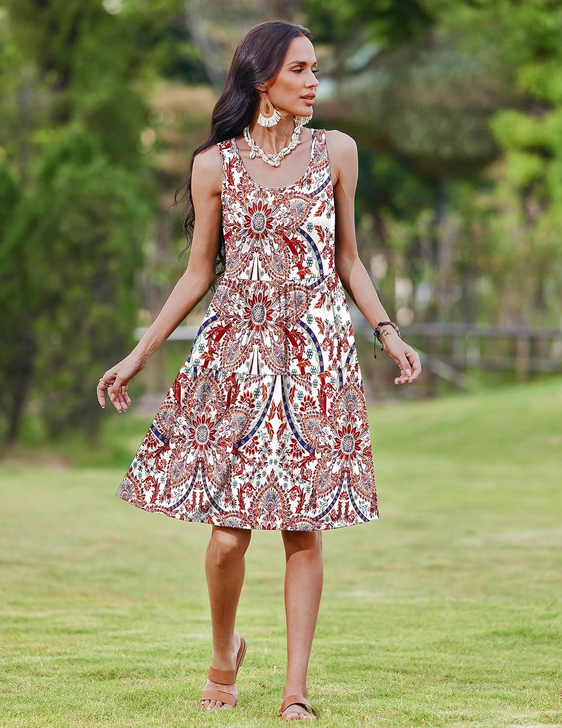 image:imageZeagoo Womens Summer Sundress Boho Floral Casual Tank Dresses with Pockets Sleeveless Tiered Swing A Line Beach DressWhite Red Floral