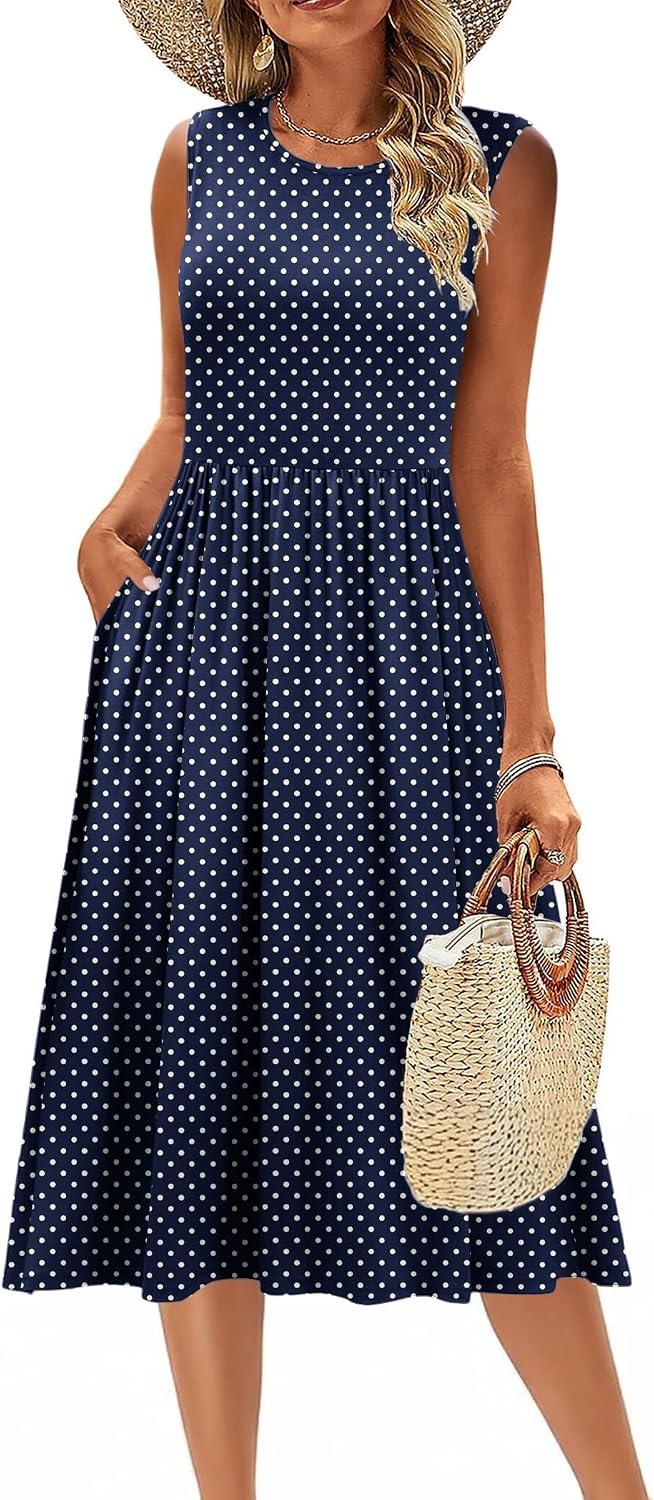 image:imageZeagoo Womens Summer Tank Midi Dress with Pockets Floral Sleeveless ALine Casual Loose TShirt Dresses Beach Sundress 202601blue Round Dot