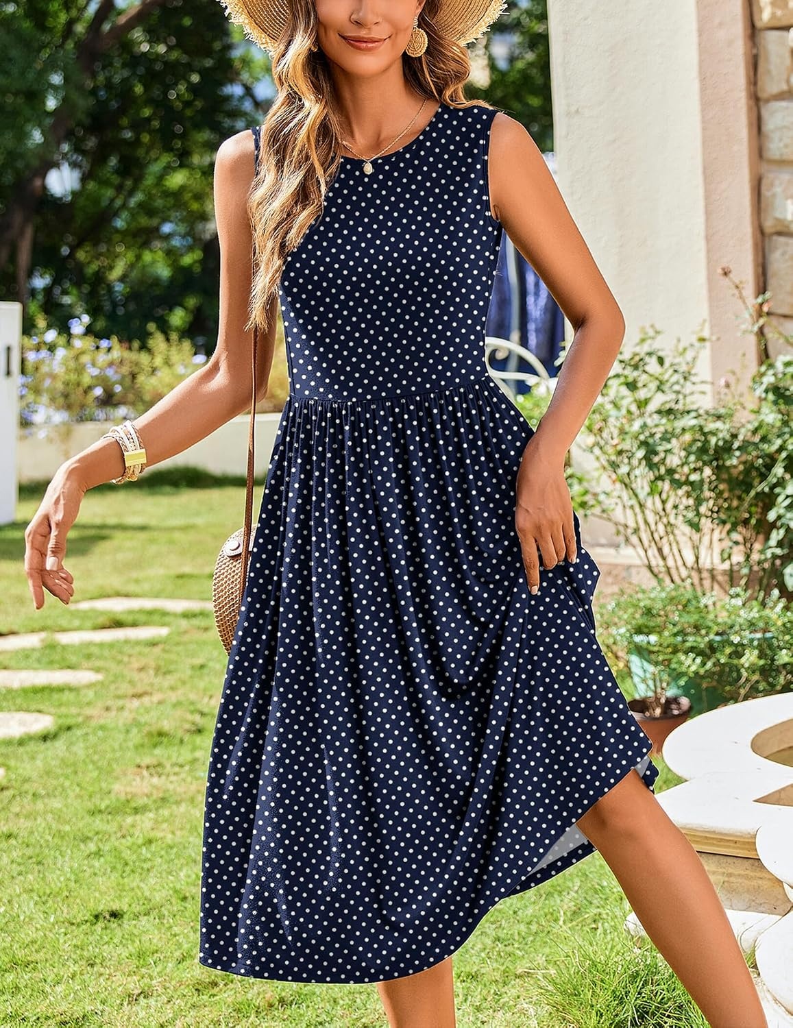 image:imageZeagoo Womens Summer Tank Midi Dress with Pockets Floral Sleeveless ALine Casual Loose TShirt Dresses Beach Sundress 202601blue Round Dot