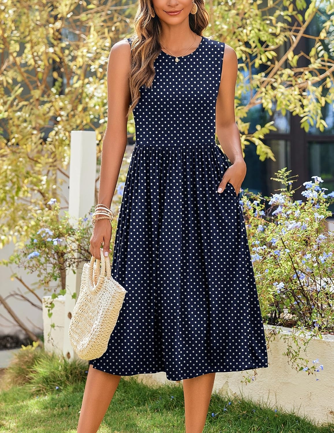 image:imageZeagoo Womens Summer Tank Midi Dress with Pockets Floral Sleeveless ALine Casual Loose TShirt Dresses Beach Sundress 202601blue Round Dot