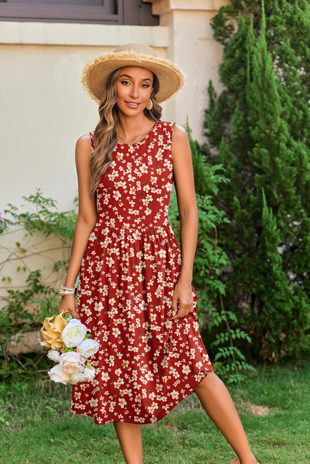 image:imageZeagoo Womens Summer Tank Midi Dress with Pockets Floral Sleeveless ALine Casual Loose TShirt Dresses Beach Sundress 202601red Floral