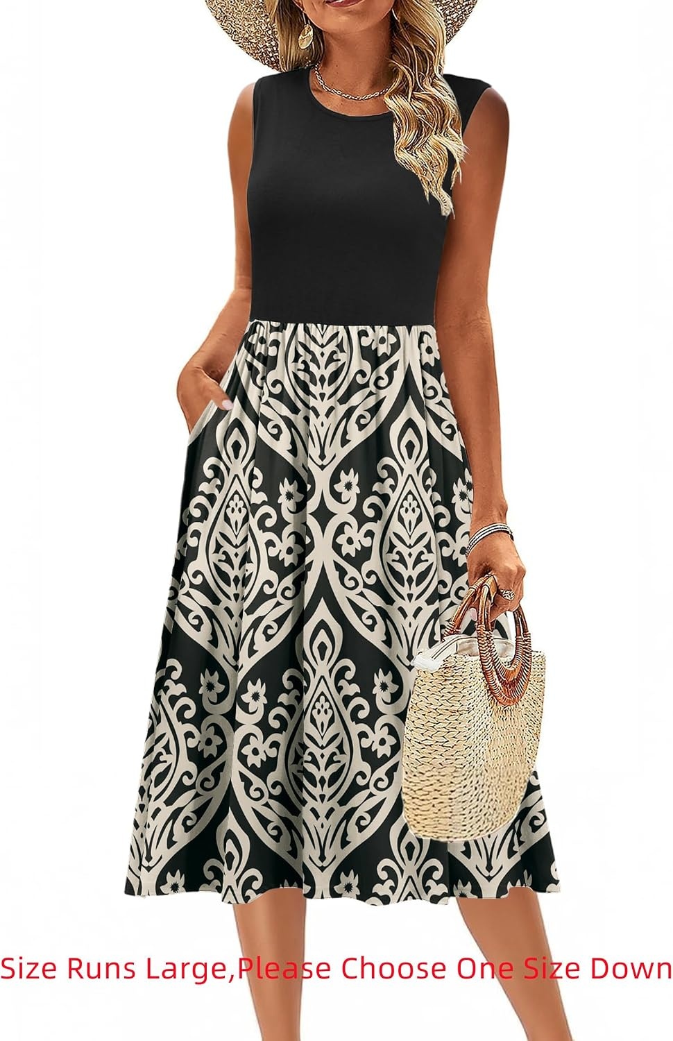 image:imageZeagoo Womens Summer Tank Midi Dress with Pockets Floral Sleeveless ALine Casual Loose TShirt Dresses Beach Sundress 202602black Floral