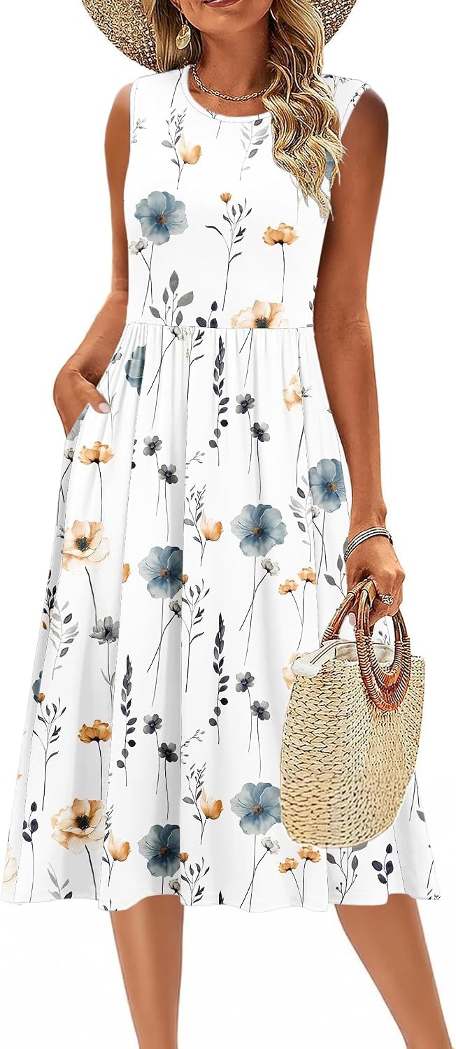 image:imageZeagoo Womens Summer Tank Midi Dress with Pockets Floral Sleeveless ALine Casual Loose TShirt Dresses Beach Sundress 202602white Floral