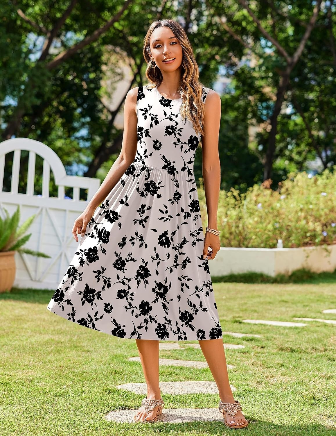 image:imageZeagoo Womens Summer Tank Midi Dress with Pockets Floral Sleeveless ALine Casual Loose TShirt Dresses Beach Sundress 2026Apricot Floral