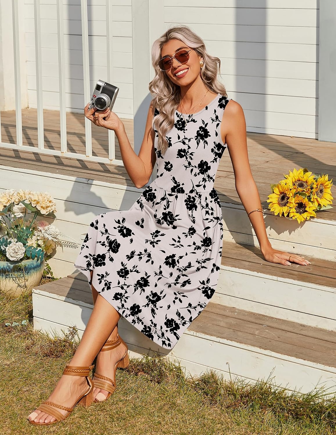 image:imageZeagoo Womens Summer Tank Midi Dress with Pockets Floral Sleeveless ALine Casual Loose TShirt Dresses Beach Sundress 2026Apricot Floral