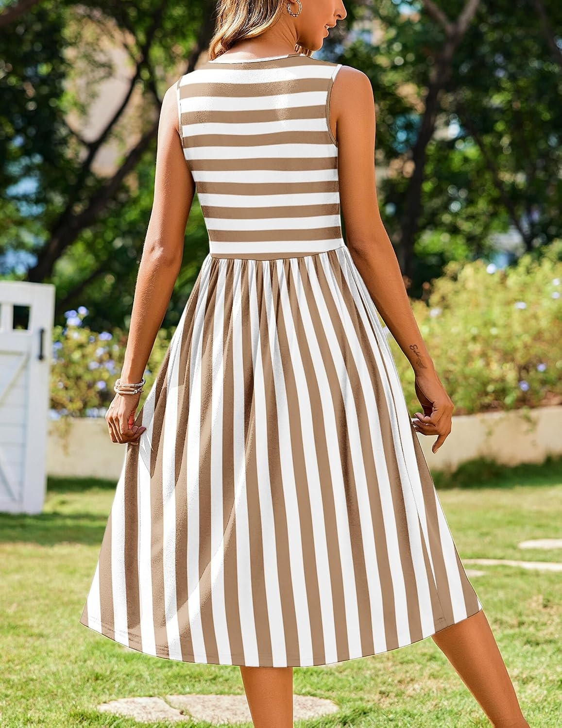 image:imageZeagoo Womens Summer Tank Midi Dress with Pockets Floral Sleeveless ALine Casual Loose TShirt Dresses Beach Sundress 2026Apricot White Stripe