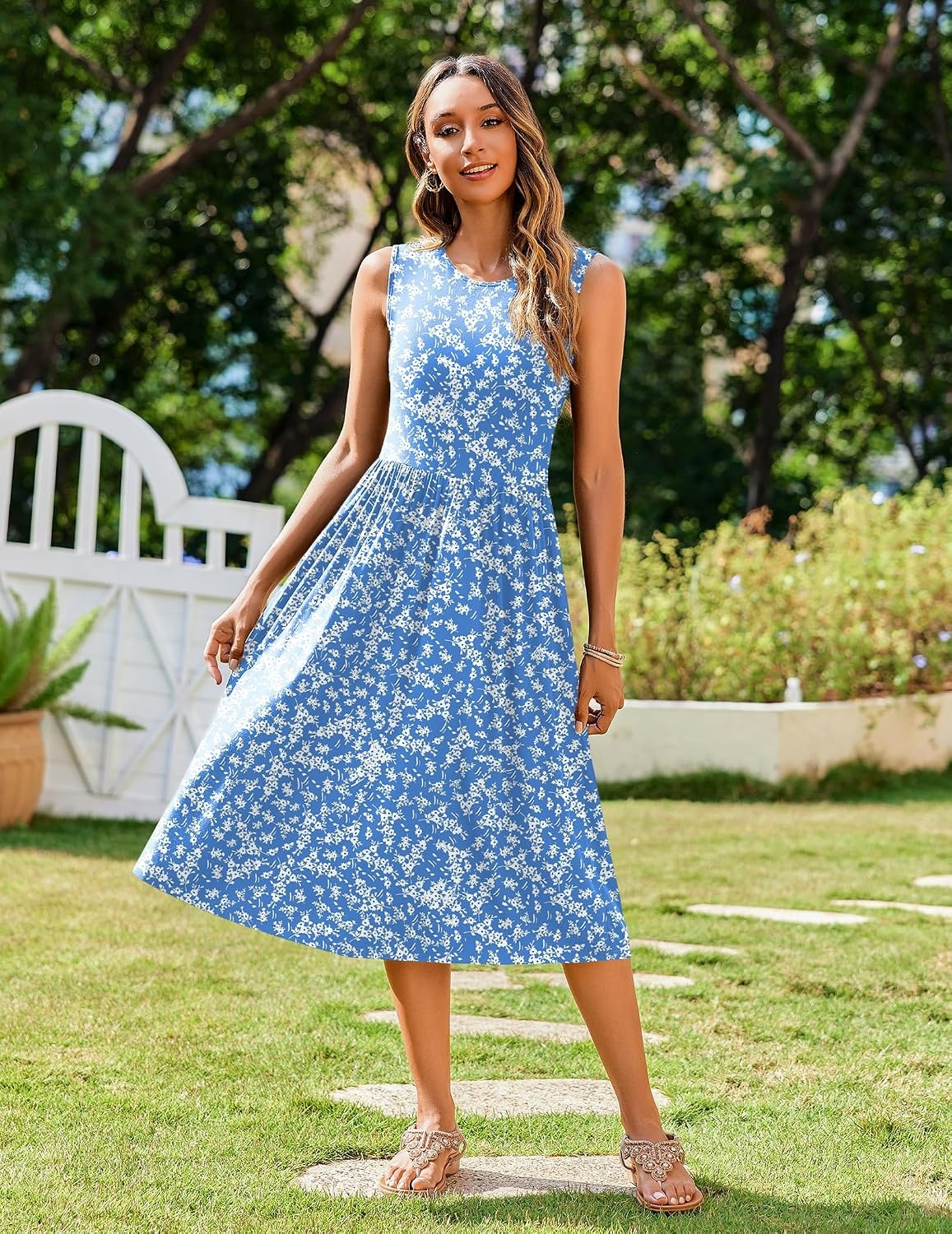 image:imageZeagoo Womens Summer Tank Midi Dress with Pockets Floral Sleeveless ALine Casual Loose TShirt Dresses Beach Sundress 2026Blue Small Floral