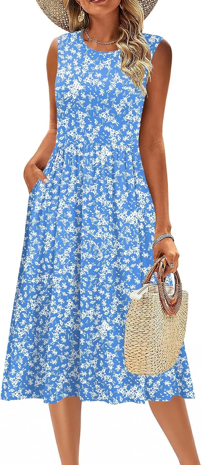 image:imageZeagoo Womens Summer Tank Midi Dress with Pockets Floral Sleeveless ALine Casual Loose TShirt Dresses Beach Sundress 2026Blue Small Floral