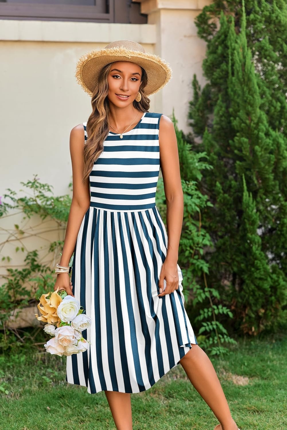 image:imageZeagoo Womens Summer Tank Midi Dress with Pockets Floral Sleeveless ALine Casual Loose TShirt Dresses Beach Sundress 2026Bluewhite Stripe