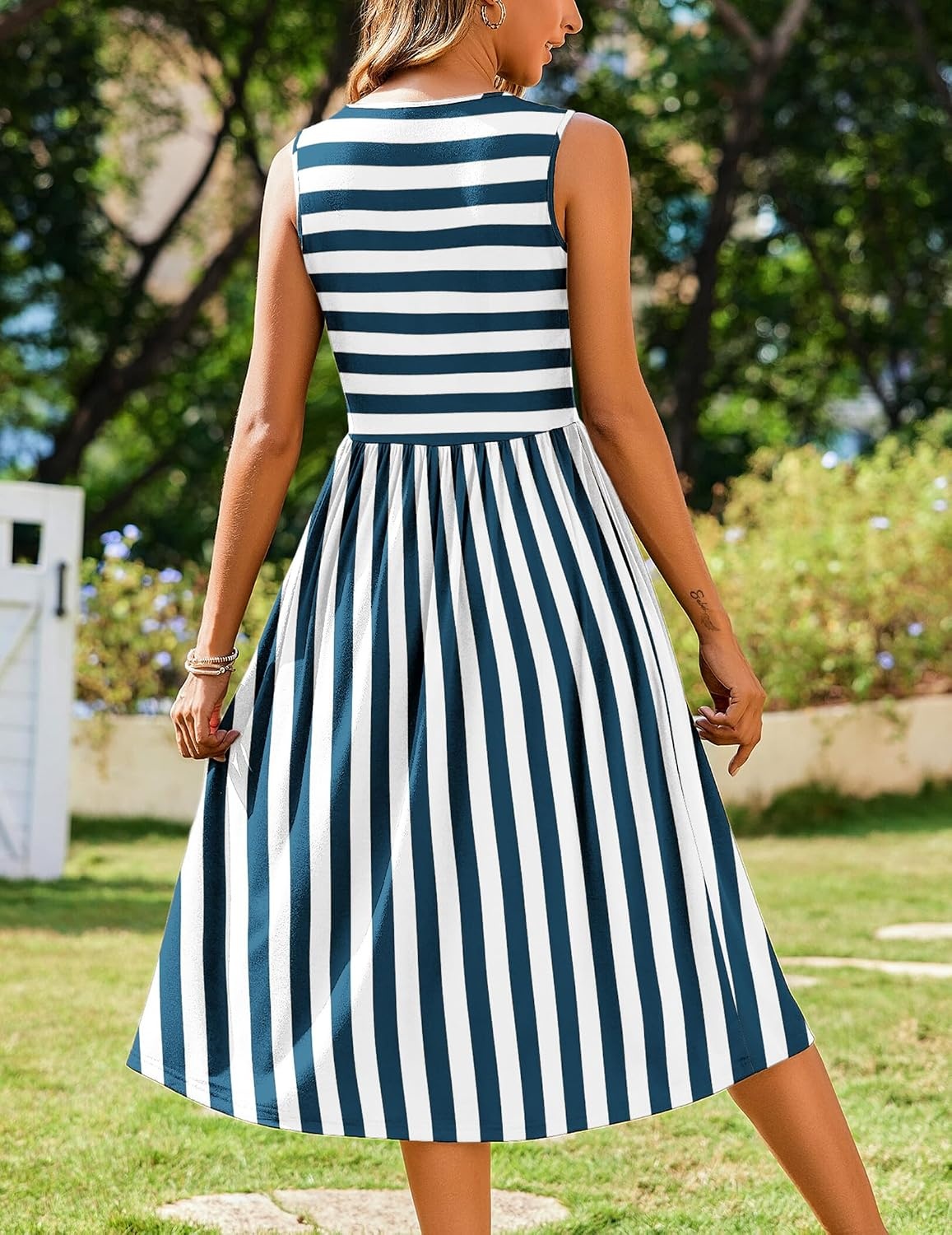 image:imageZeagoo Womens Summer Tank Midi Dress with Pockets Floral Sleeveless ALine Casual Loose TShirt Dresses Beach Sundress 2026Bluewhite Stripe