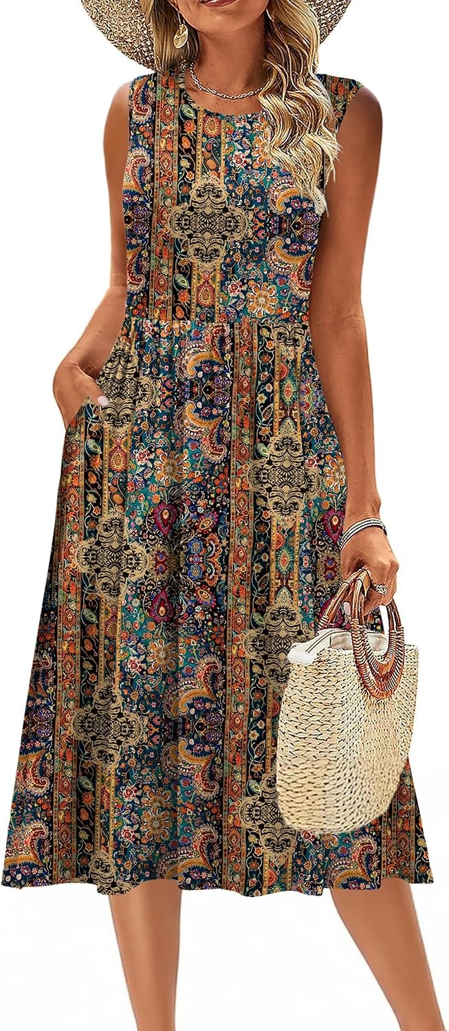 image:imageZeagoo Womens Summer Tank Midi Dress with Pockets Floral Sleeveless ALine Casual Loose TShirt Dresses Beach Sundress 2026Ethnic Boho Print