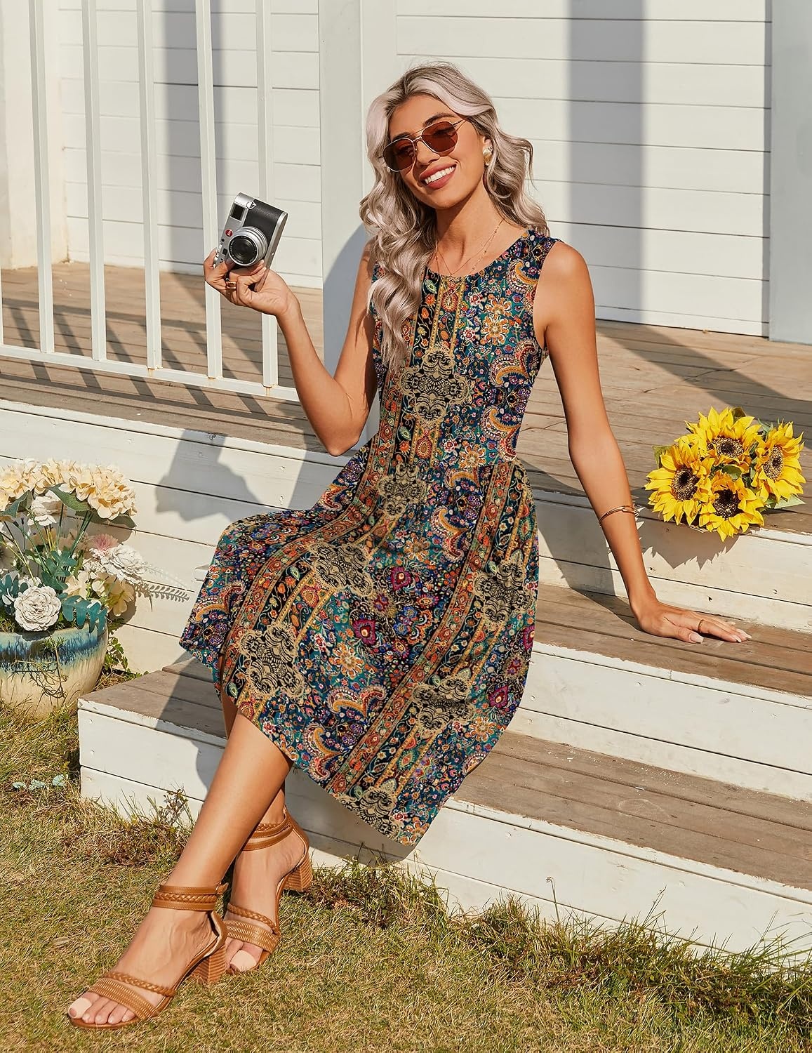 image:imageZeagoo Womens Summer Tank Midi Dress with Pockets Floral Sleeveless ALine Casual Loose TShirt Dresses Beach Sundress 2026Ethnic Boho Print