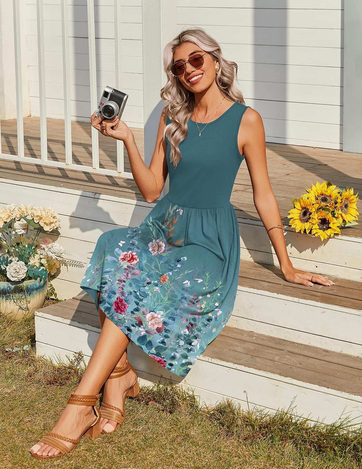 image:imageZeagoo Womens Summer Tank Midi Dress with Pockets Floral Sleeveless ALine Casual Loose TShirt Dresses Beach Sundress 2026Green Floral