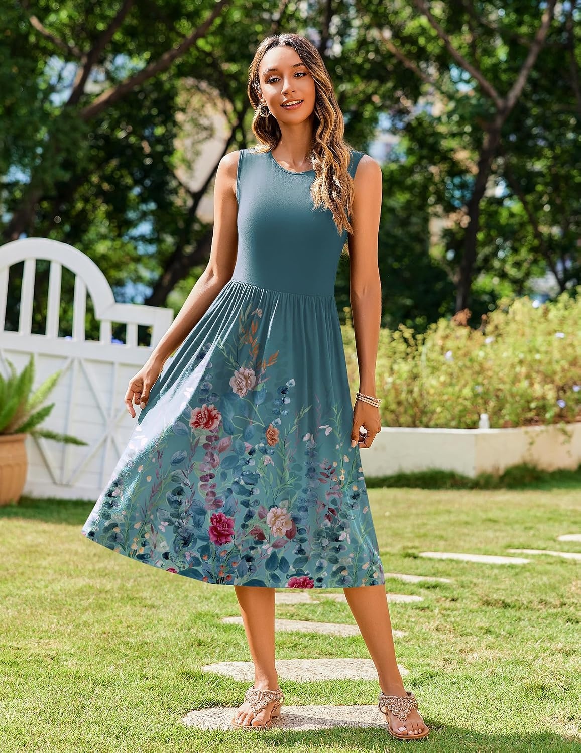 image:imageZeagoo Womens Summer Tank Midi Dress with Pockets Floral Sleeveless ALine Casual Loose TShirt Dresses Beach Sundress 2026Green Floral